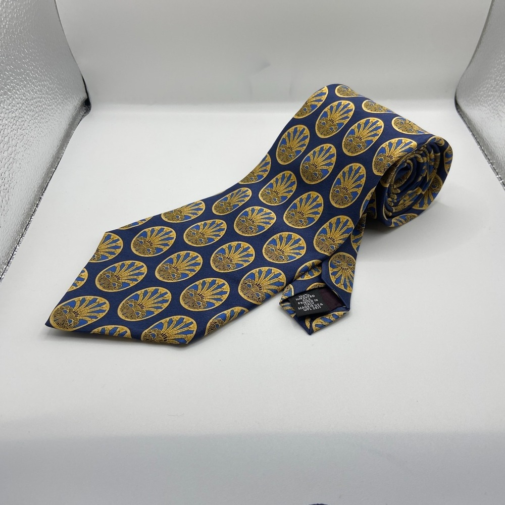 Zylos George Machado Mens Blue Art Deco Fan Pattern Silk Formal Pointed Neck Tie
